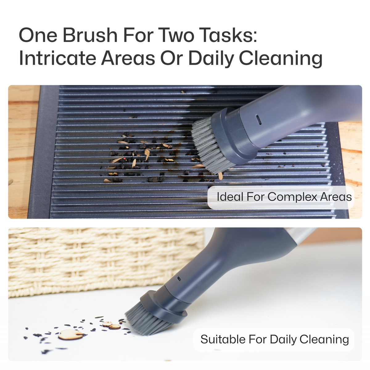 Dual-use Mini Soft Dusting Brush demonstrated in two scenarios: cleaning debris from the intricate grooves of a laser engraver work surface, and sweeping up crumbs from a smooth, flat tabletop, illustrating its versatility for both complex and daily cleaning tasks.