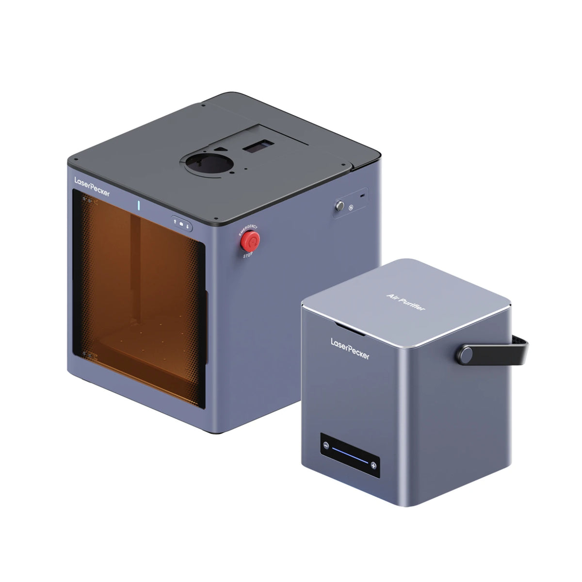 LaserPecker safety enclosure works with desktop air purifier, removing smoke and fumes for a safe, healthy workspace.