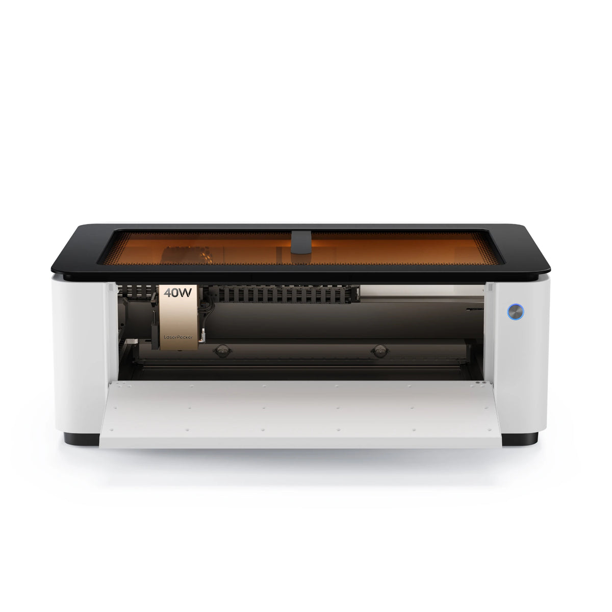 LaserPecker LX2 all-in-one laser cutter with front door open, showing 40W laser module and rotating engraving attachment
