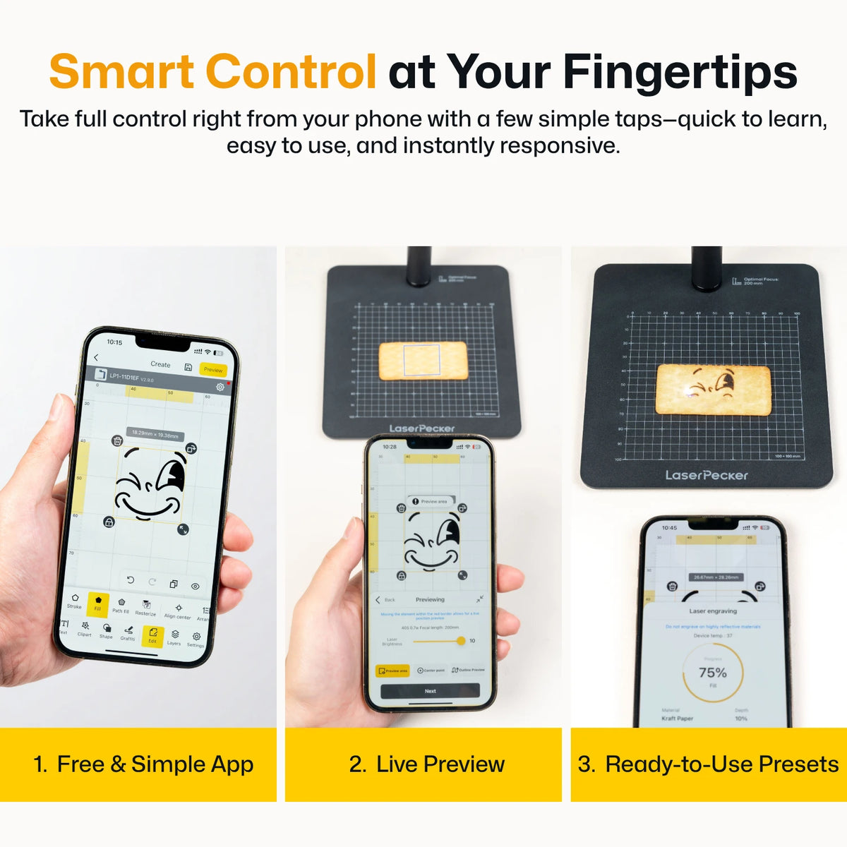 LaserPecker smartphone app interface for laser engraver with live preview and ready-to-use presets — free app for smart control at your fingertips.