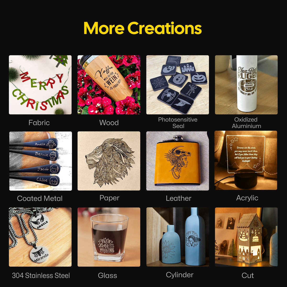 LaserPecker LP2 engraver showcases its versatility across 12 materials: fabric, wood, photosensitive seal, oxidized aluminum, coated metal, paper, leather, acrylic, 304 stainless steel, glass, cylinders, and cut acrylic, enabling endless creative projects.