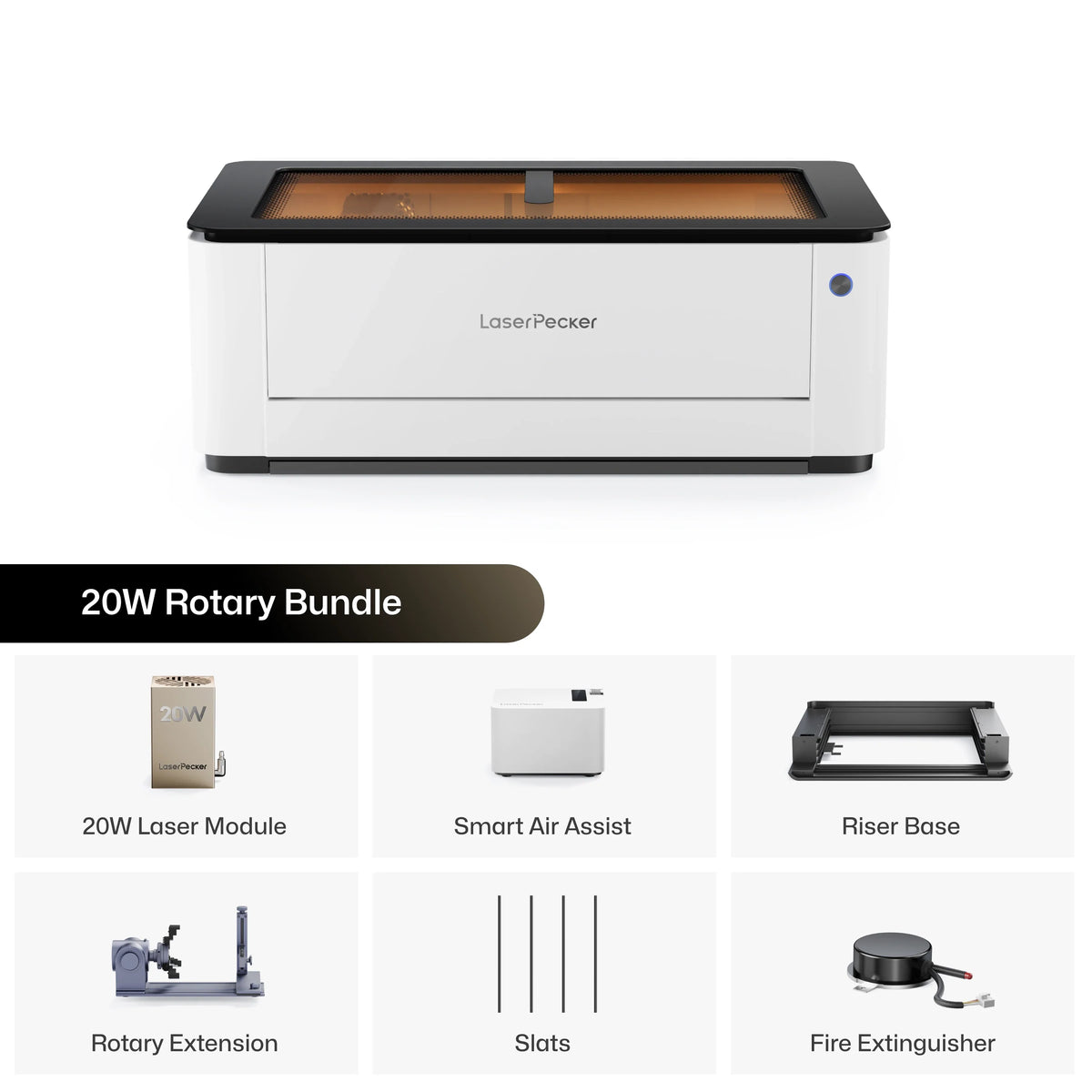 LaserPecker 40W Rotary Bundle desktop laser cutter, including the main engraver machine, 40W laser module, Smart Air Assist, Riser Base, Rotary Extension, slats, and a fire extinguisher, providing a complete solution for engraving both flat and curved surfaces.