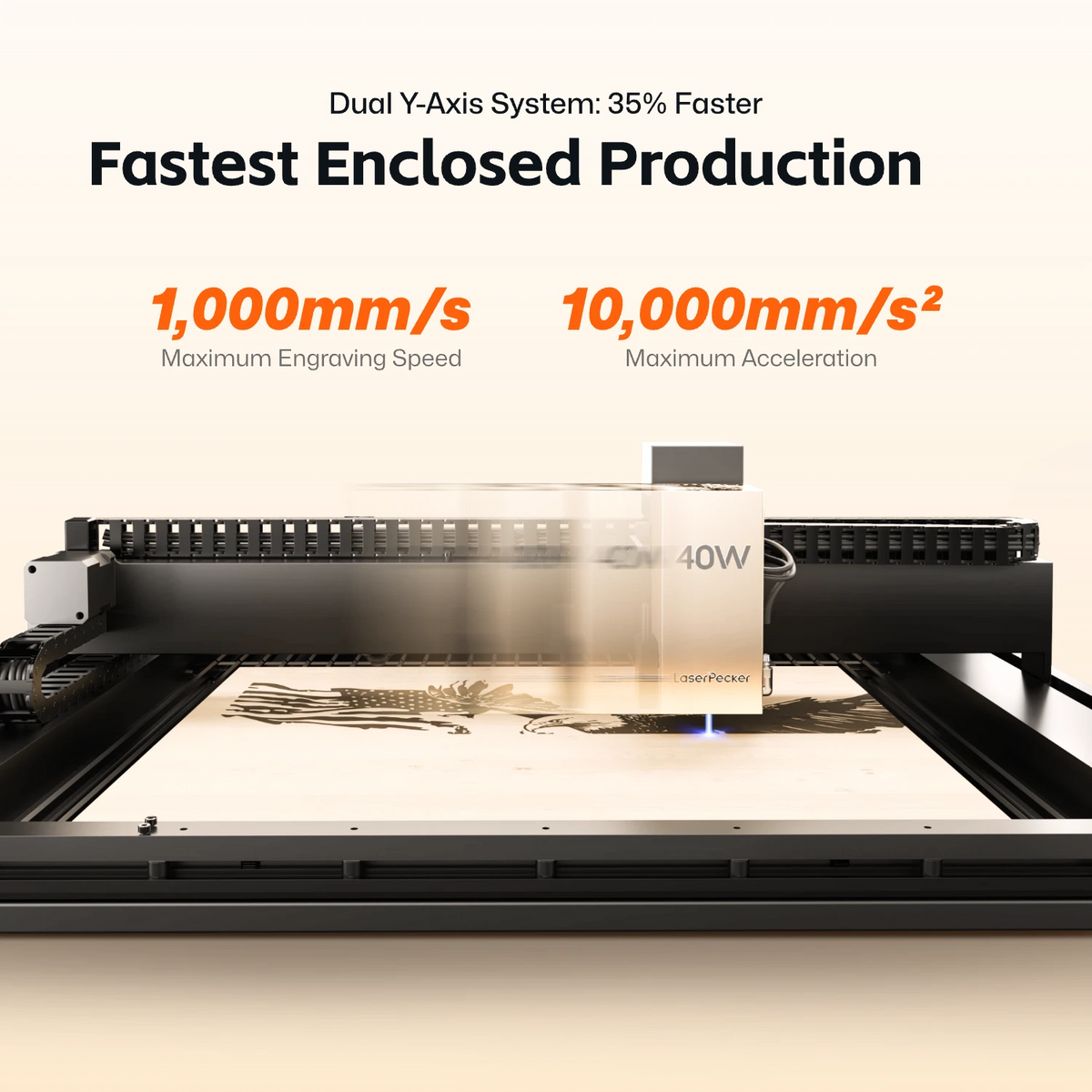 LaserPecker enclosed desktop laser cutter LX2 in action, highlighting its dual Y-axis system for 35% faster production. The machine achieves a maximum engraving speed of 1,000mm/s and maximum acceleration of 10,000mm/s², with a 40W laser head engraving a detailed design on a wooden sheet.