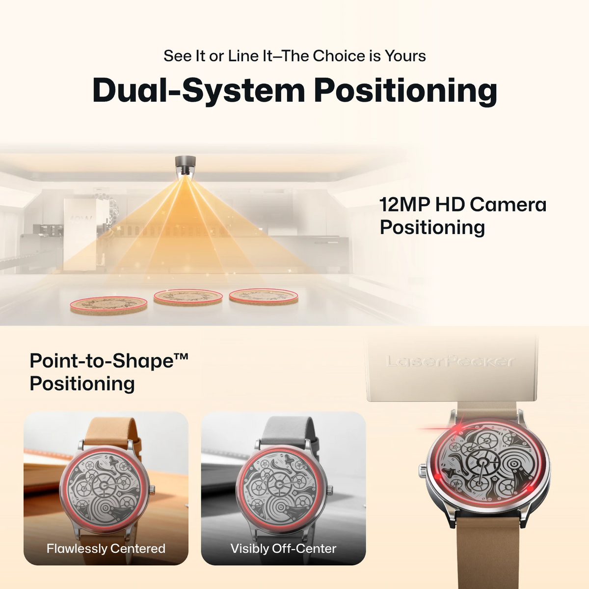 LaserPecker desktop laser cutter showcasing its Dual-System Positioning feature, with 12MP HD Camera Positioning and Point-to-Shape™ Positioning. This desktop laser cutter demo shows how the system automatically centers designs on a watch face, ensuring precise alignment even when the object is off-center.