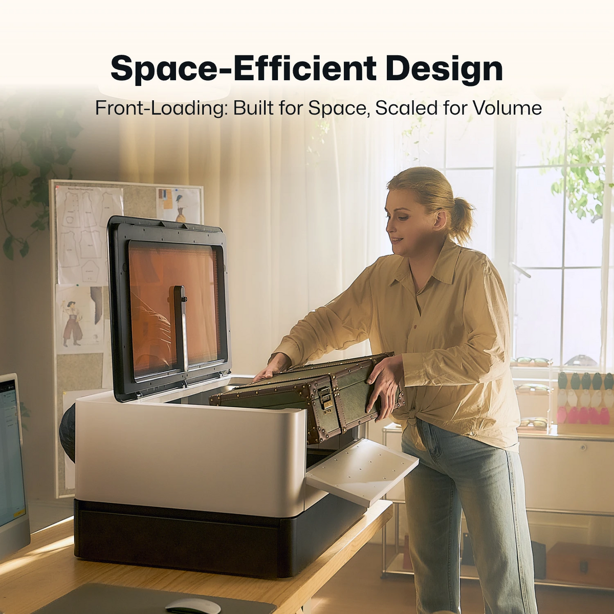 LaserPecker enclosed desktop laser cutter demonstrating its space-efficient, front-loading design. A user loads a workpiece into this desk friendly machine, highlighting how the front-access design optimizes tabletop space while maintaining high-volume production capability.