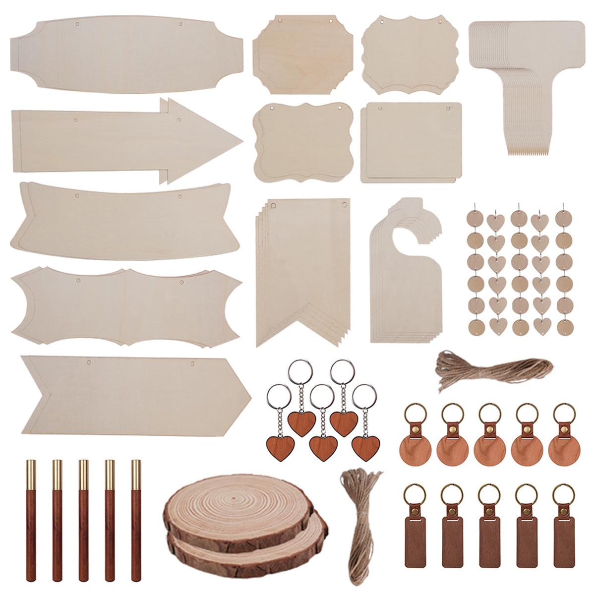 190-piece wood material kit for laser engraving and cutting assorted wood blanks including basswood plywood shapes and sheets for diy crafts.