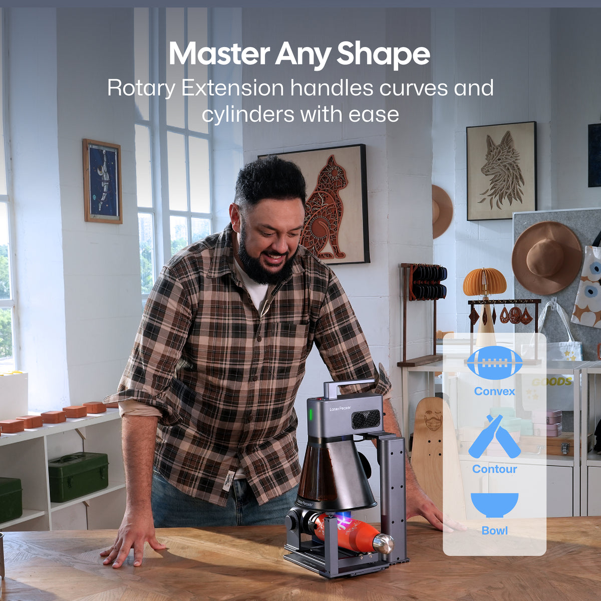 LaserPecker laser engraver LP2 Plus with rotary extension, demonstrating precise engraving on an orange cylindrical water bottle, with support for convex, contour, and bowl-shaped surfaces, and the slogan "Master Any Shape".