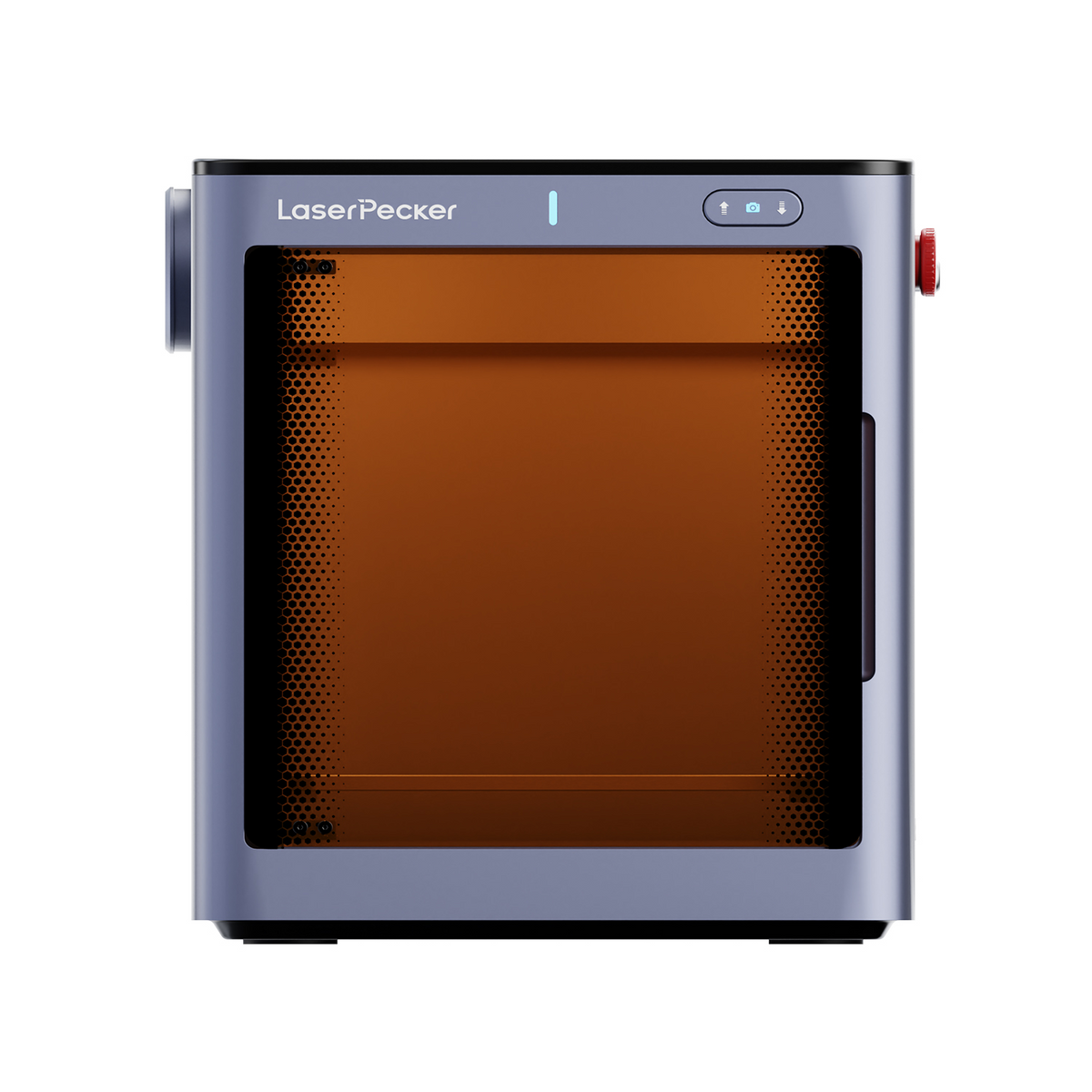 Front view of the LaserPecker safety enclosure, featuring a safety-tinted orange viewing window with a perforated metal frame, emergency stop button, and status indicator lights.