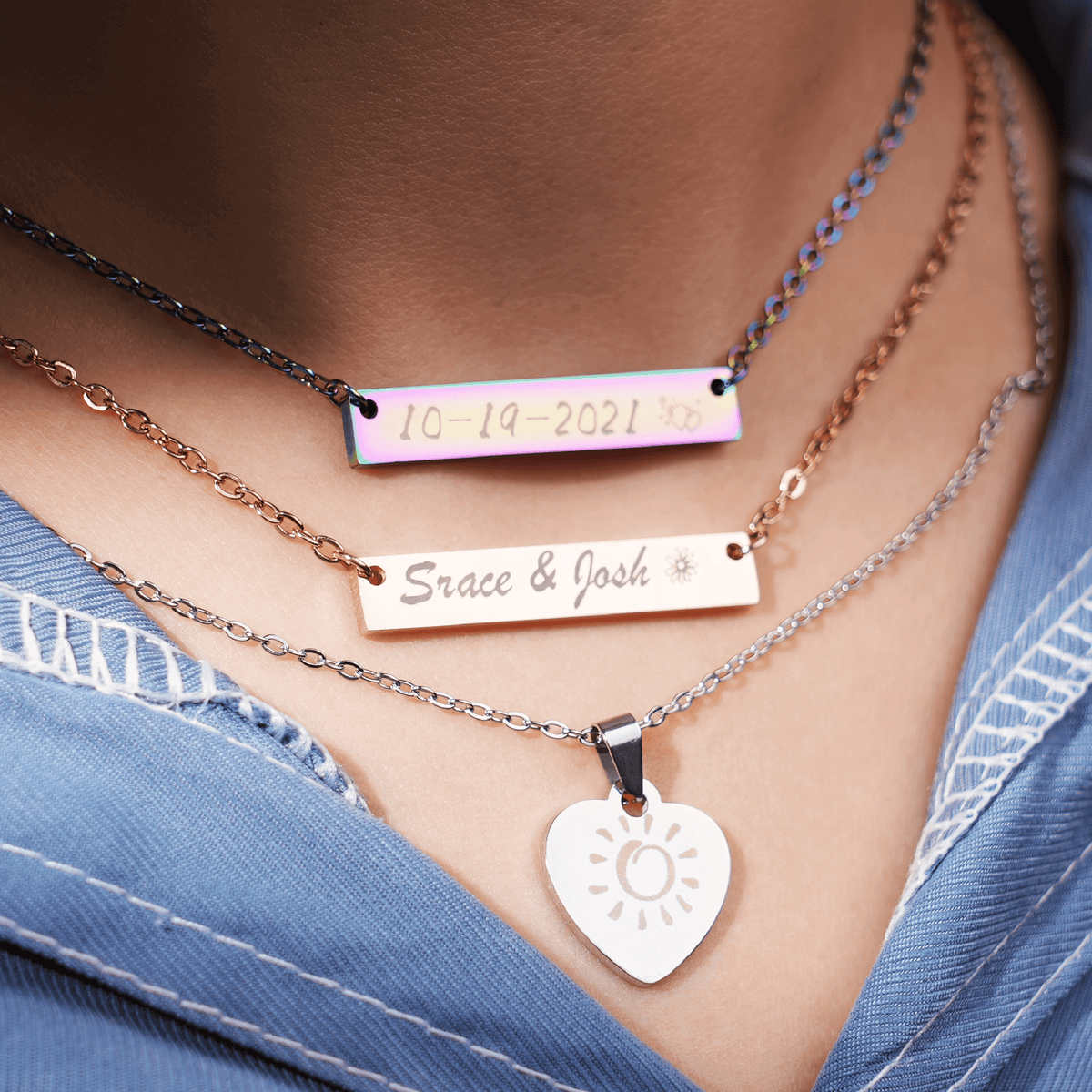 stainless steel horizontal bar necklace worn on model for laser engraving minimalist everyday jewelry.