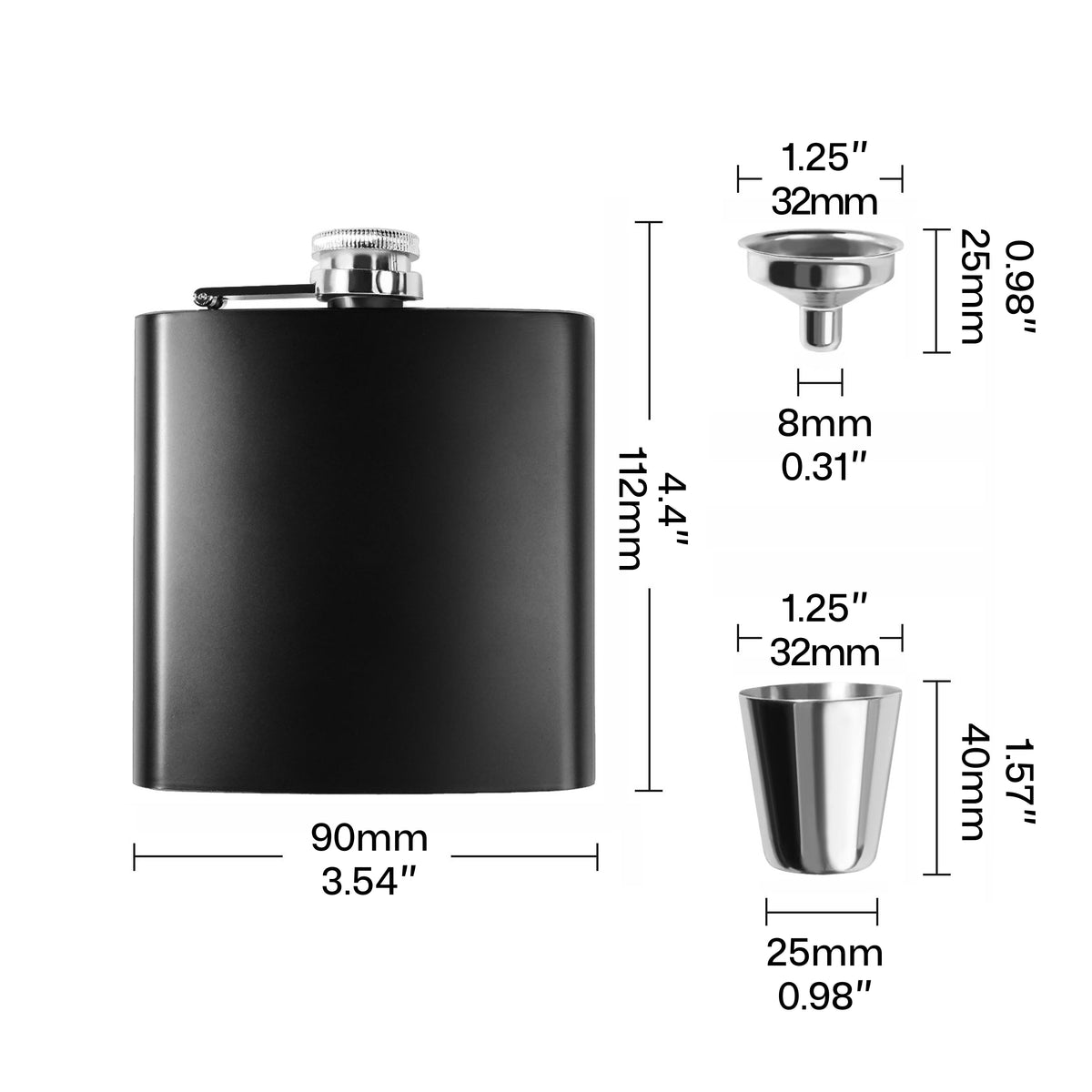 stainless steel hip flask with height and width dimensions for laser engraving machine setup.