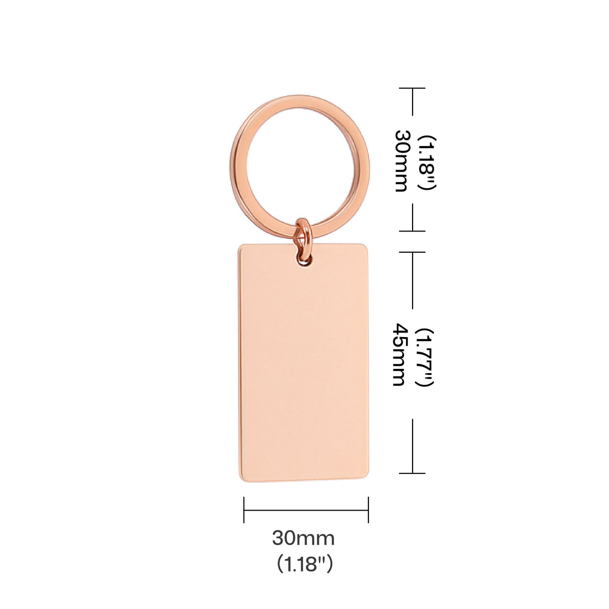stainless steel rectangular keychain with length width and thickness dimensions for laser engraving.