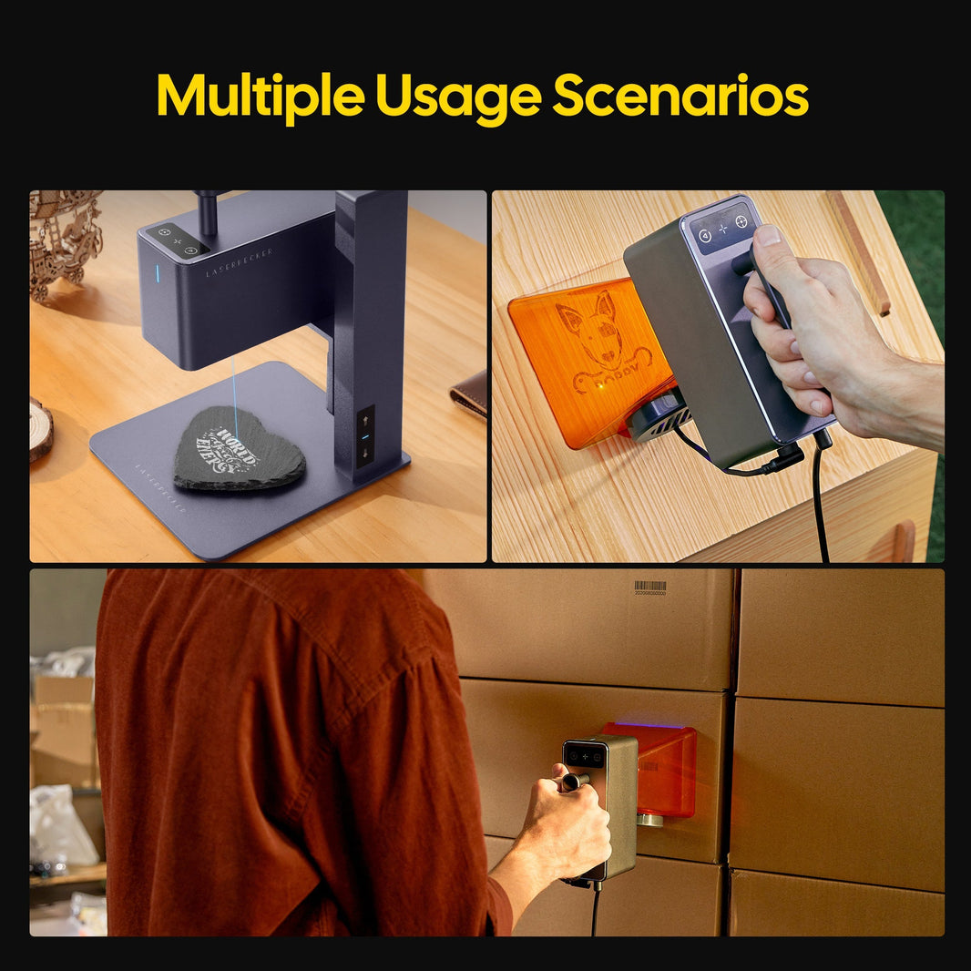 LaserPecker portable laser engraver showcasing its "Multiple Usage Scenarios": engraving a custom design on a slate heart (desktop setup), personalizing a wooden cutting board (handheld), and marking shipping boxes for inventory (industrial use), highlighting its versatility for hobby, small business, and logistics needs.