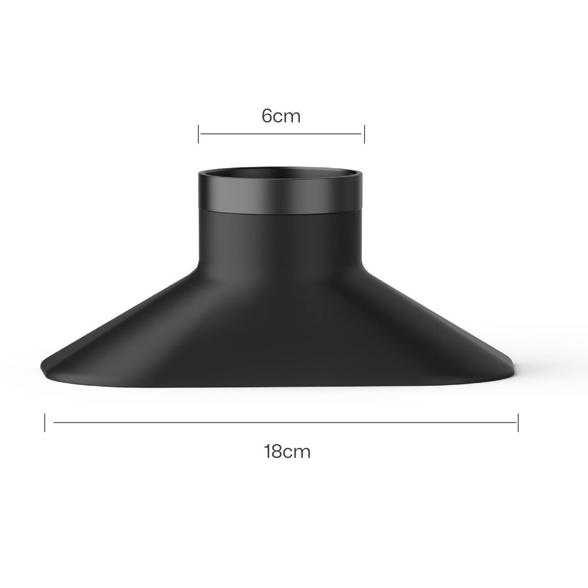 Dust Hood Collector, with dimensional annotations showing a 6cm diameter at the top connection port and an 18cm wide flared opening for broad-area cleaning and debris capture.