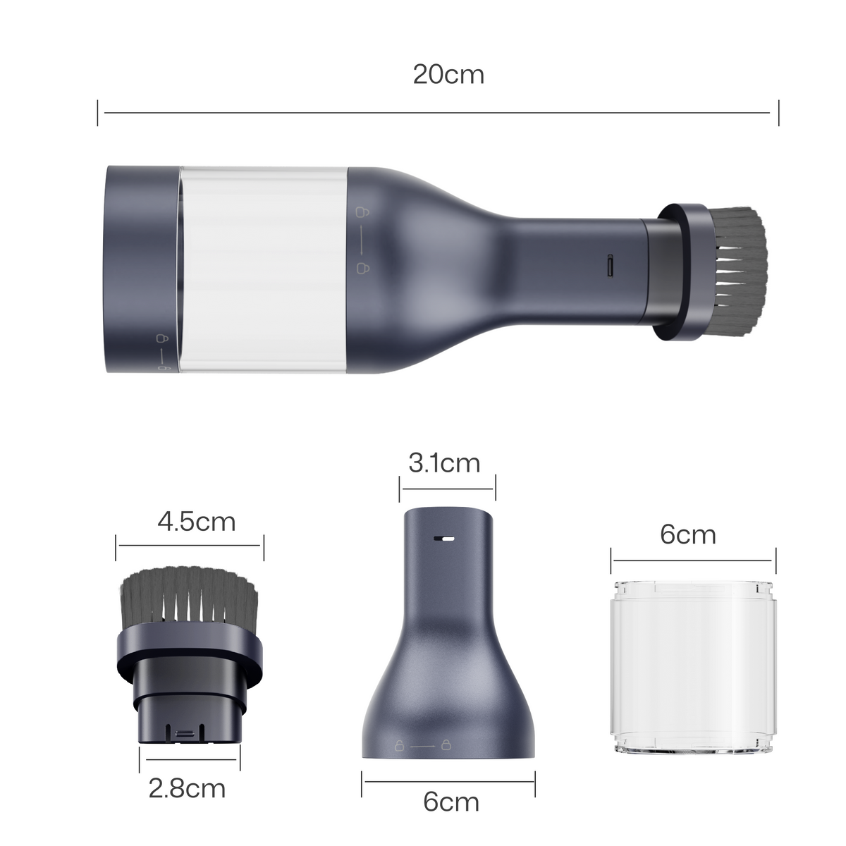 Dimensional breakdown of the Mini Soft Dusting Brush, showing the assembled 20cm-long accessory and its three detachable components — the brush head, central connector, and transparent dust chamber — with precise measurements for each part to illustrate compatibility and assembly.