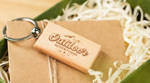LaserPecker LP1 Plus engraved wooden keychain with custom name or logo, 0.15mm precision on basswood, perfect for handmade gifts and small business crafts.