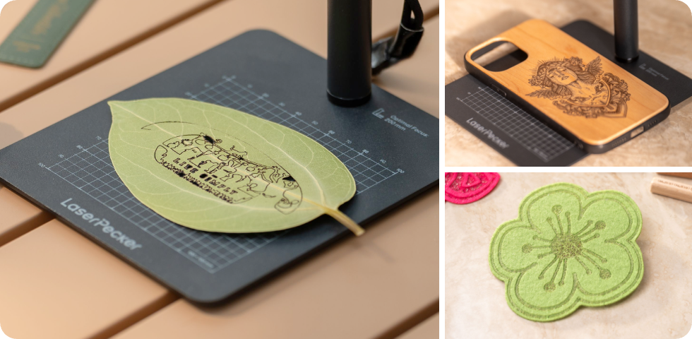Œuvre d'art détaillée sur feuille réalisée avec la graveuse laser LP1 Plus, mettant en valeur une décoration DIY écologique et la gravure sur matériaux organiques.