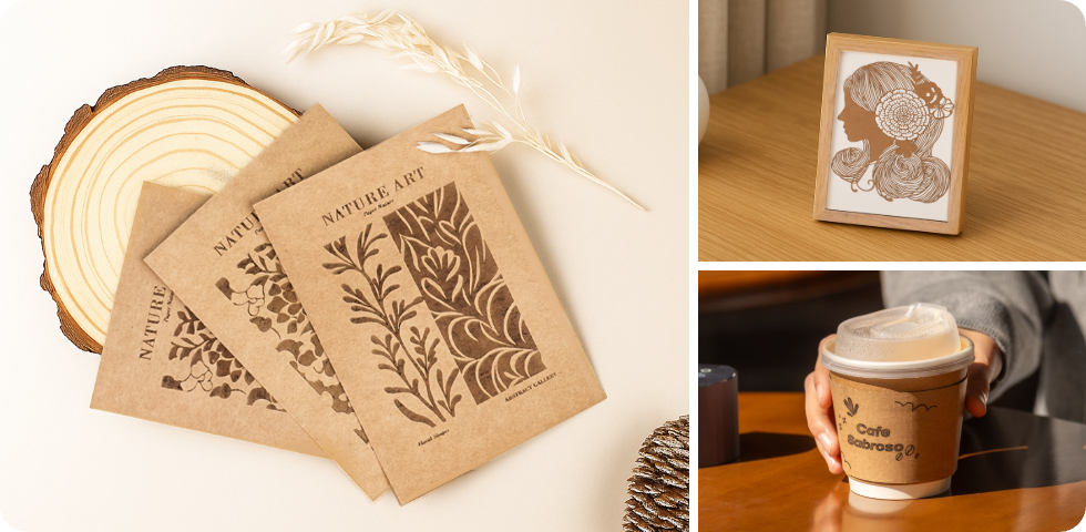 La graveuse laser LP1 Plus grave des motifs sur du papier kraft épais pour des travaux manuels en papier de style rétro.