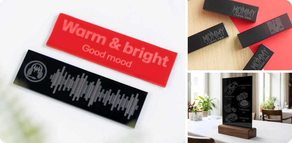 Plaquettes en acrylique gravées sur mesure avec des détails nets, créées par la graveuse laser LP1 Plus pour des étiquettes et signalétiques personnalisées.