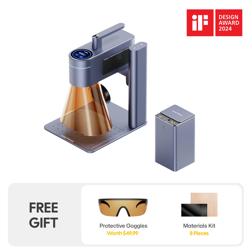 2024 iF Design Award-winning LaserPecker laser engraver bundle, including the main unit and portable power bank, plus a free gift of protective goggles (worth $49.99) and an 8-piece materials kit.