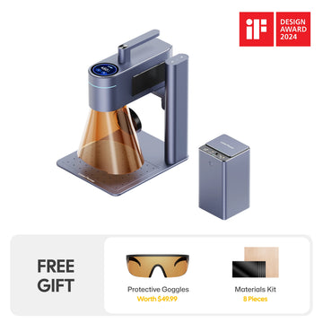 2024 iF Design Award-winning LaserPecker LP4, a diode laser cutter and IR laser engraver for home use, bundle includes main unit, portable power bank, free protective goggles ($49.99 value), and an 8-piece materials kit.