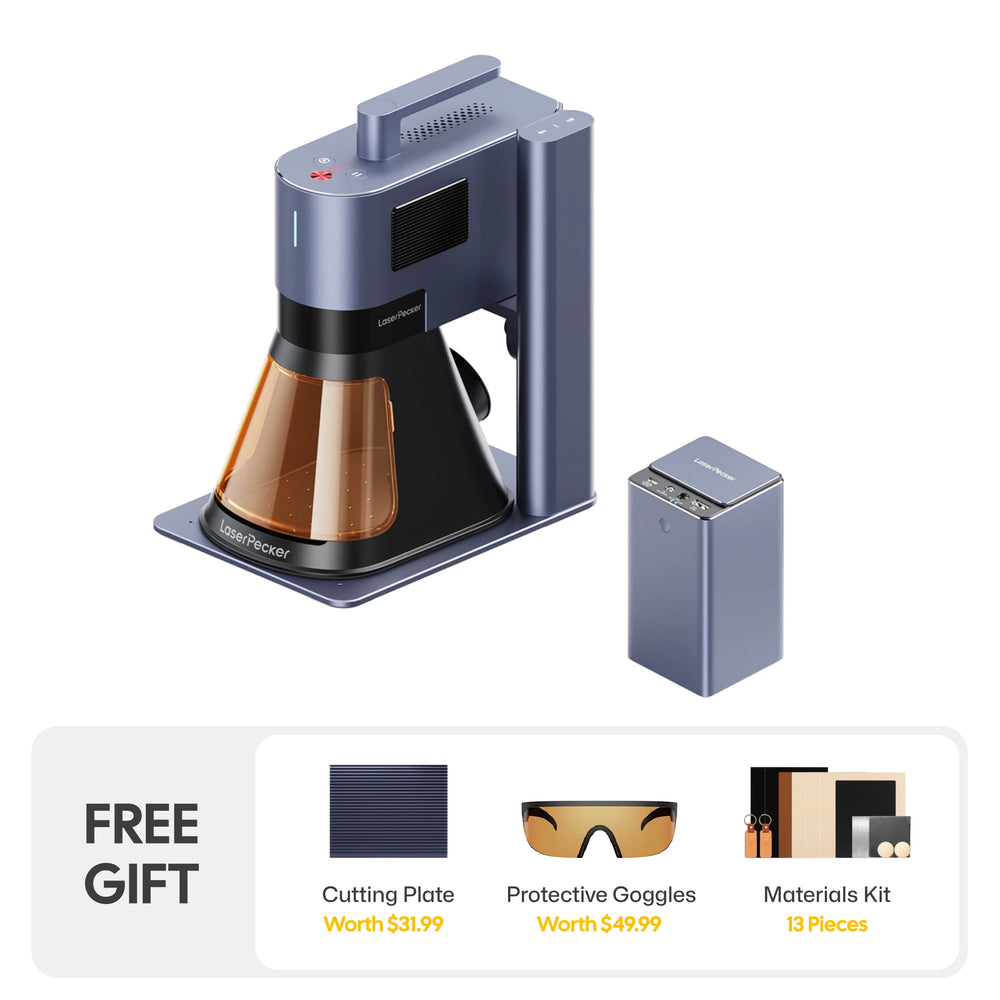LaserPecker laser engraver with a portable power bank, paired with a free gift bundle including a cutting plate, protective goggles, and a 13-piece materials kit.