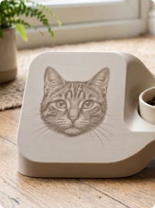 PETG-printed cat bowl riser with custom pet portrait engraved.