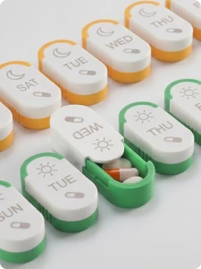 Weekday labels engraved on PETG pill boxes.