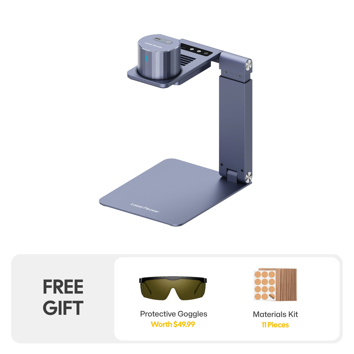 LP1 Plus Creator Bundle includes laser unit, auto-focus stand, protective googles and free 11-pieces materials kit.