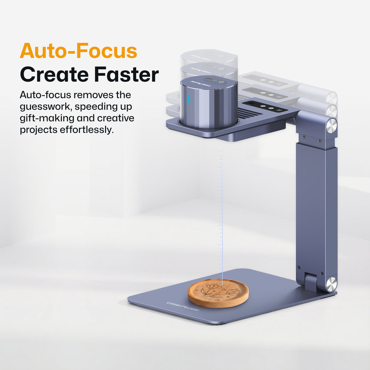 LaserPecker laser engraver with auto-focus feature on white background — remove guesswork and create faster for effortless gift-making. 