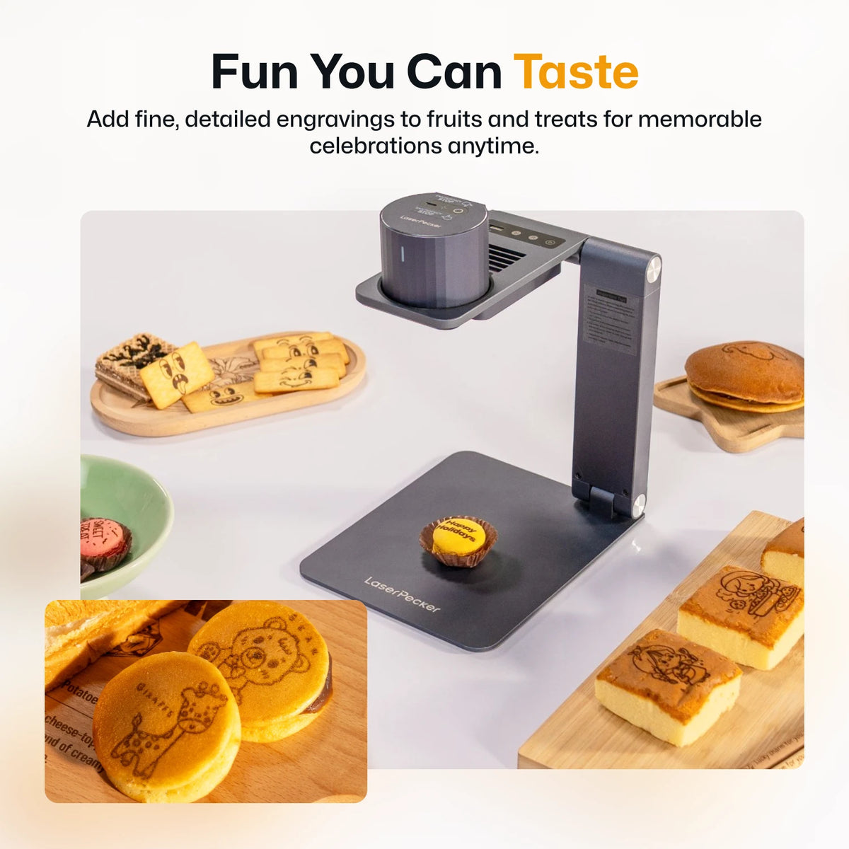 LaserPecker laser engraver for food with engraved fruits and treats on white background — fun edible art for any celebration. 