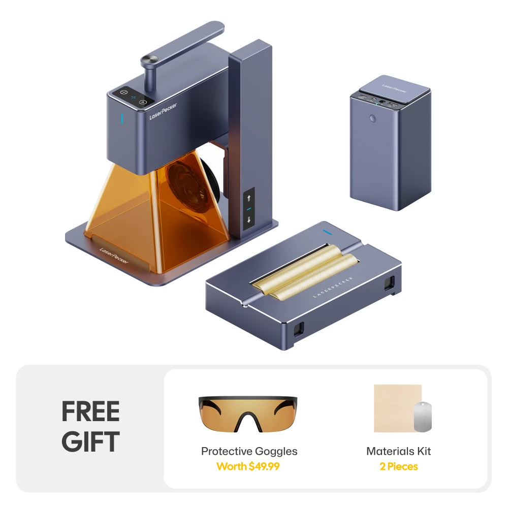 LaserPecker LP2 Deluxe Bundle laser engraver with versatile electric roller, powerbank, and free gift on white background. 