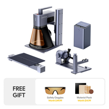 LaserPecker LP2 Plus Deluxe bundle includes the main unit, a PowerPack, a slide extension, a rotary extension and a free gift (protective googles ans a material pack) worth more than ＄60.