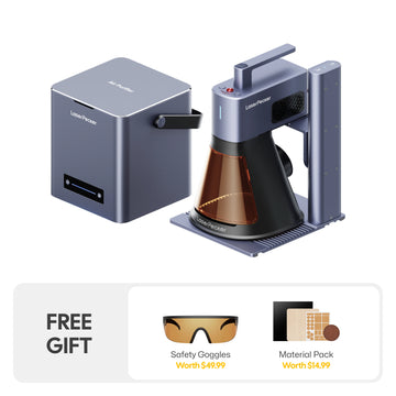 LaserPecker engraver bundle with air purifier, plus a free gift of protective goggles (worth $49.99) and a material pack (worth $14.99), offering a safe, complete solution for engraving projects.