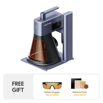 LaserPecker laser engraver bundle, including the main unit plus a free gift of safety goggles (worth $49.99) and a material pack (worth $14.99), providing everything needed to start engraving immediately.