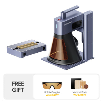 LaserPecker laser engraver bundle with an additional slide extension, plus a free gift of safety goggles (worth $49.99) and a material pack (worth $14.99), offering a complete solution for both standard and large-format engraving projects.
