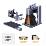 LaserPecker ultimate engraver bundle including the main unit, rotary extension, and slide extension, plus a free gift of safety goggles (worth $49.99) and a material pack (worth $14.99), offering a complete, versatile solution for all engraving needs.