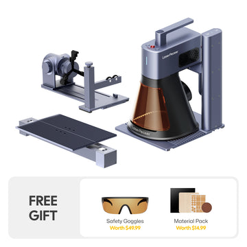 LaserPecker ultimate engraver bundle including the main unit, rotary extension, and slide extension, plus a free gift of safety goggles (worth $49.99) and a material pack (worth $14.99), offering a complete, versatile solution for all engraving needs.