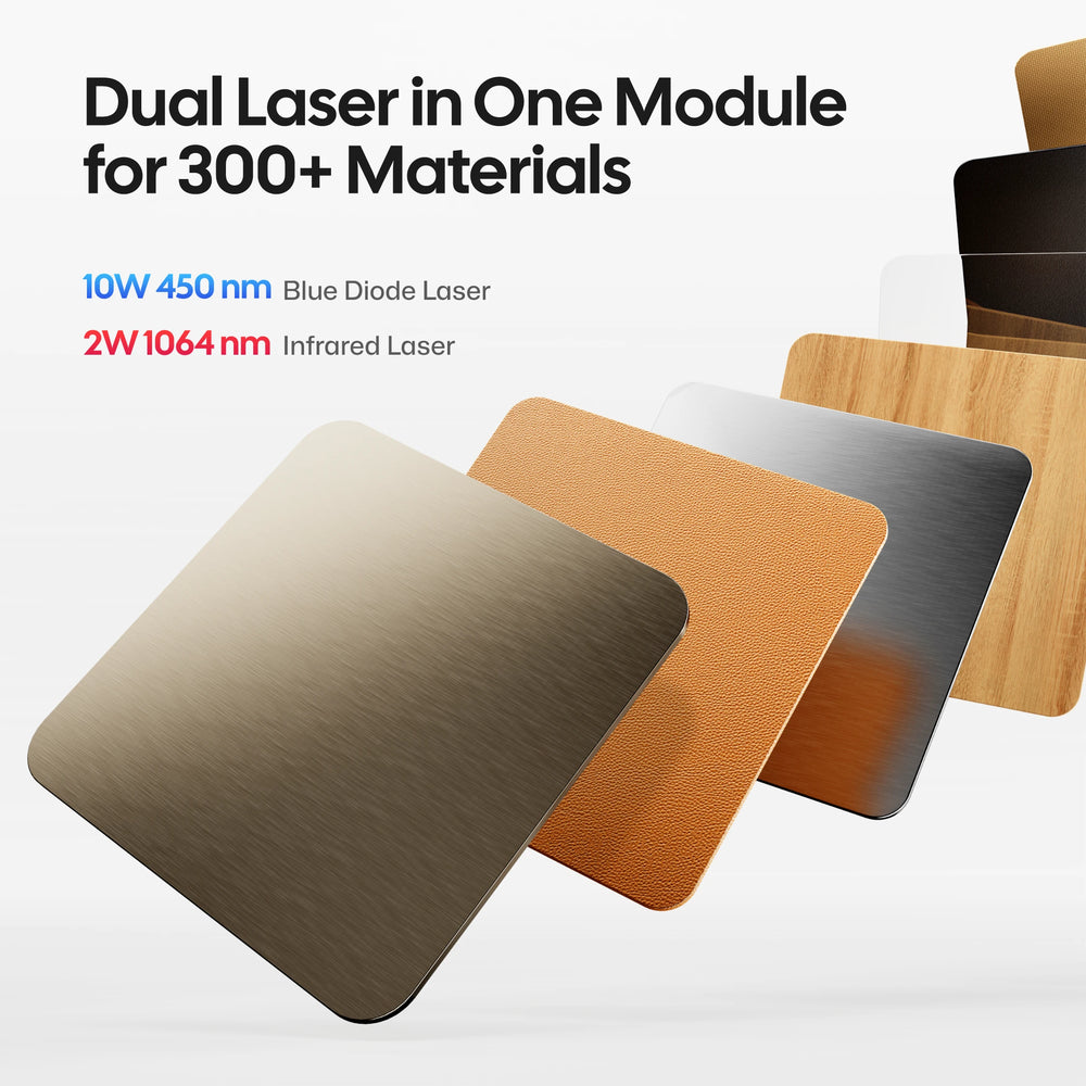 Dual laser engraver module featuring a 10W 450nm blue diode laser and 2W 1064nm infrared laser, supporting engraving on 300+ materials including metal, leather, wood, and plastic.