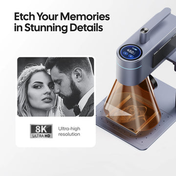 LaserPecker LP4 diode laser cutter and IR laser engraver creating an 8K Ultra HD portrait engraving. Slogan: "Etch Your Memories in Stunning Details".
