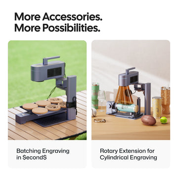 Accessories for the LaserPecker LP4: a batch engraving extension for rapid coaster production and a rotary attachment for cylindrical items like tumblers and balls. The LP4 works as both a diode laser cutter and an IR laser engraver. Slogan: "More Accessories. More Possibilities."