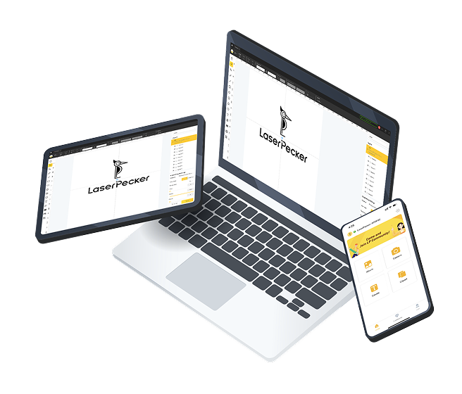 LaserPecker Design Space LDS software featuring cross-platform compatibility across PC, mobile, and iPad.