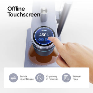 LaserPecker laser engraver with an offline touchscreen interface, showing a hand interacting with the 450nm laser display, and key functions: switching laser sources, monitoring engraving progress, and browsing files.