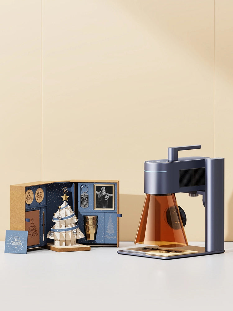 LaserPecker LP4 machine showcase surrounded by intricate multi-piece laser cut and engraved assembly models.