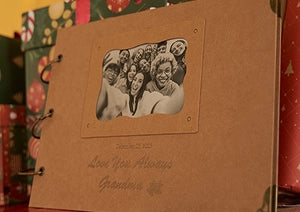Custom engraved photo album cover with a personalized design laser etched by LaserPecker LP4.