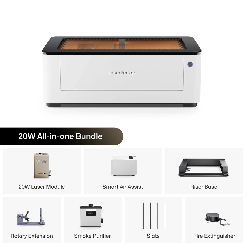 LaserPecker 40W All-in-one Bundle desktop laser cutter, including the main engraver machine, 40W laser module, Smart Air Assist, Riser Base, Rotary Extension, Smoke Purifier, slats, and a fire extinguisher, providing a complete, professional-grade solution for all engraving needs.