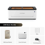 LaserPecker 20W Basic Bundle, including the main engraver machine, 20W laser module, Smart Air Assist, slats, and a fire extinguisher, providing a cost-effective, safe entry-level solution for hobbyists and small projects.

