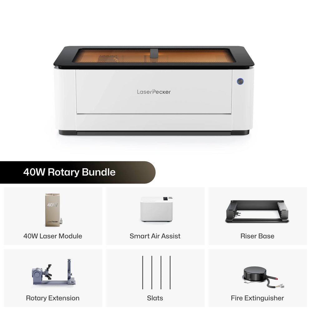 LaserPecker 20W Rotary Bundle desktop laser cutter, including the main engraver machine, 20W laser module, Smart Air Assist, Riser Base, Rotary Extension, slats, and a fire extinguisher, providing an entry-level solution for engraving both flat and curved surfaces.