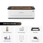 LaserPecker 40W Rotary Bundle, including the main engraver machine, 40W laser module, Smart Air Assist, Riser Base, Rotary Extension, slats, and a fire extinguisher, providing a complete solution for engraving both flat and curved surfaces.