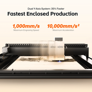 LaserPecker enclosed laser engraver in action, highlighting its dual Y-axis system for 35% faster production. The machine achieves a maximum engraving speed of 1,000mm/s and maximum acceleration of 10,000mm/s², with a 40W laser head engraving a detailed design on a wooden sheet.