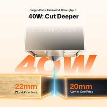 Close-up of the LaserPecker 40W laser engraver head in action, demonstrating its single-pass cutting capability. It can cut through 22mm of wood or 20mm of acrylic in one pass, delivering unrivaled throughput and deeper cuts.